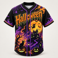 Halloween baseball jersey, front view, witch on a broomstick over an orange moon with a haunted mansion and black cat