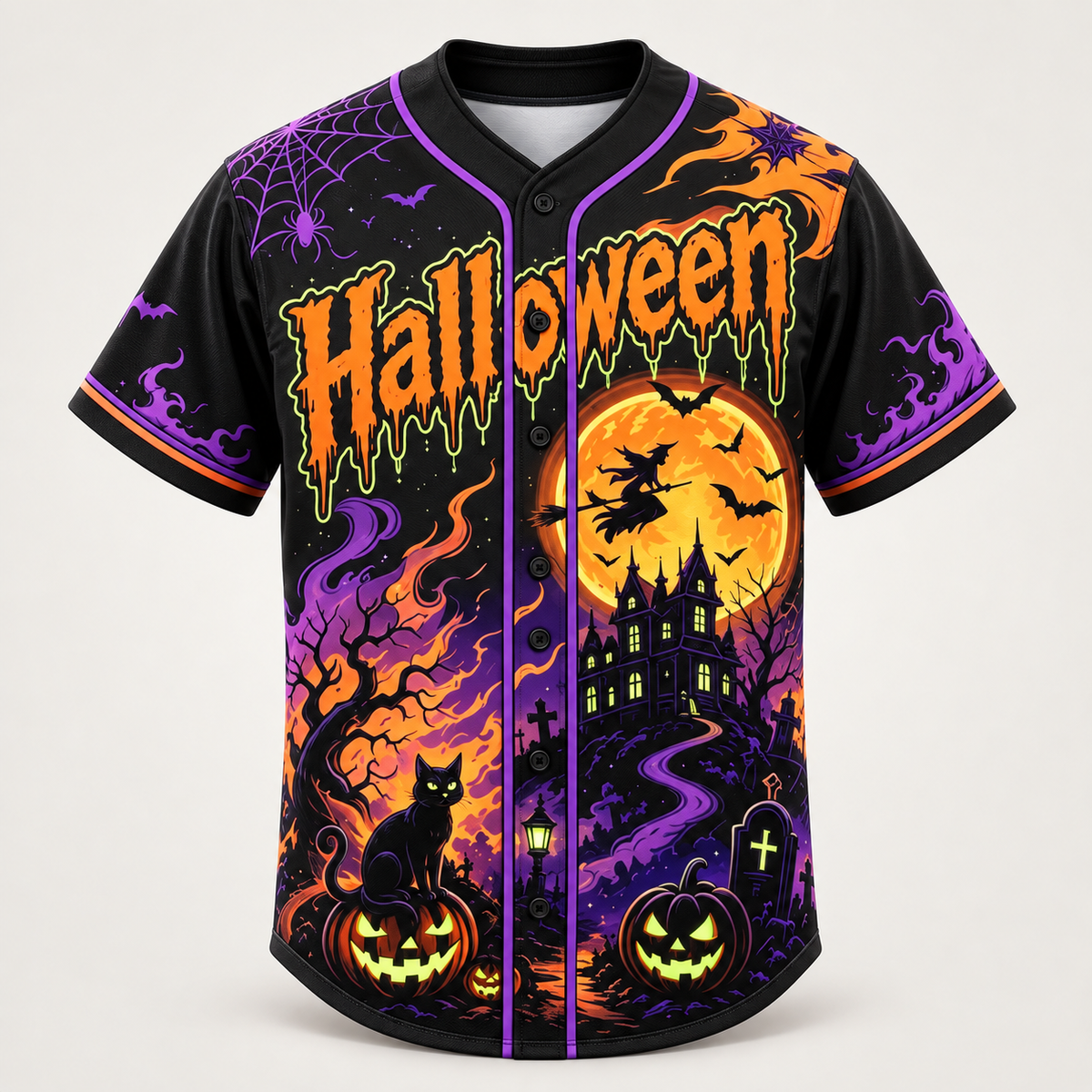 Halloween baseball jersey, front view, witch on a broomstick over an orange moon with a haunted mansion and black cat