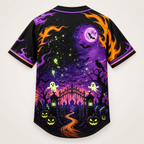 Back view with a violet night sky, green ghosts, a raven and an open cemetery gate lined with glowing pumpkins