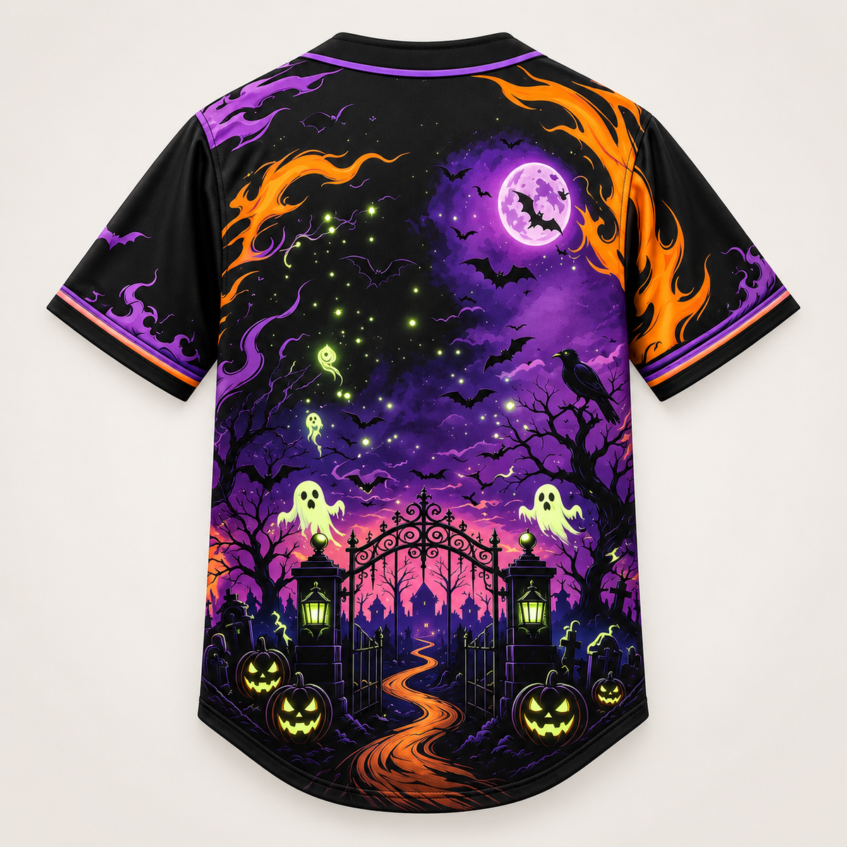 Back view with a violet night sky, green ghosts, a raven and an open cemetery gate lined with glowing pumpkins