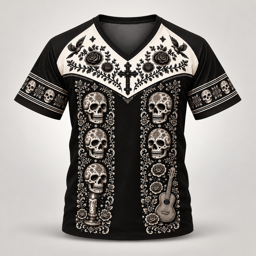 Dia de los Muertos mariachi design on a V-neck raglan t-shirt, front view