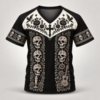 Dia de los Muertos mariachi design on a V-neck raglan t-shirt, front view
