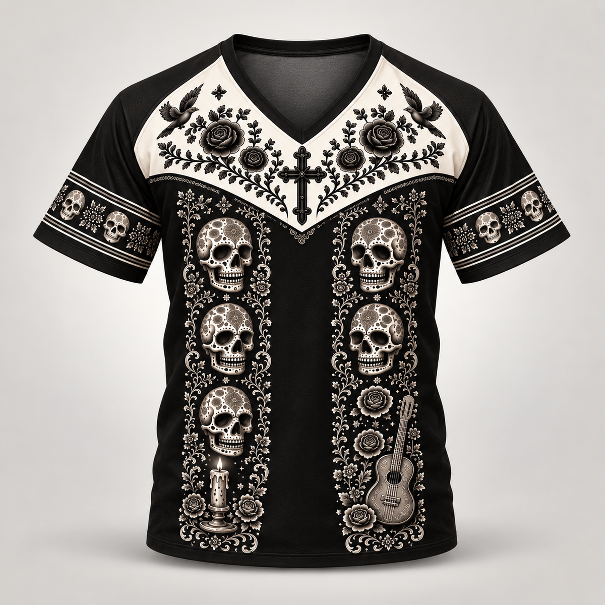Dia de los Muertos mariachi design on a V-neck raglan t-shirt, front view