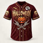 Halloween baseball jersey in burgundy with antique gold artwork