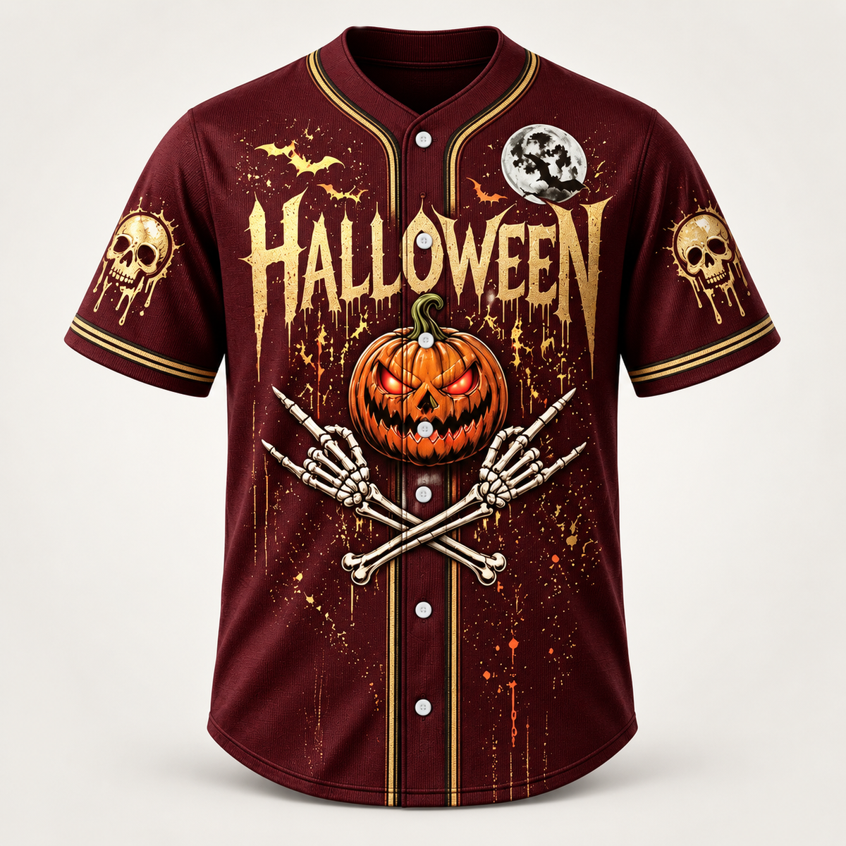 Halloween baseball jersey in burgundy with antique gold artwork