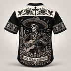 Dia de los Muertos mariachi skeleton baseball jersey, back view with guitar player design