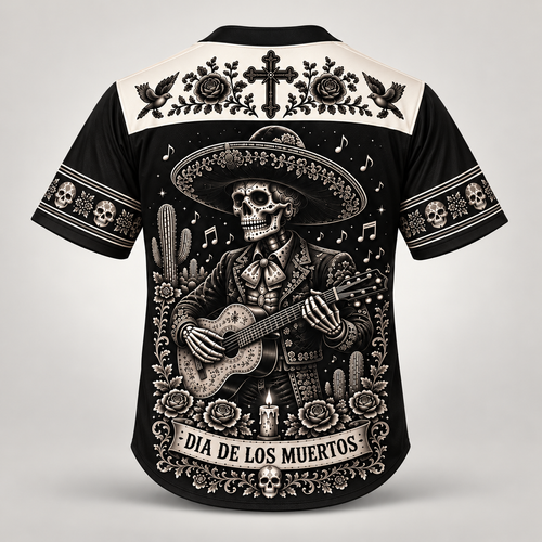 Dia de los Muertos mariachi skeleton baseball jersey, back view with guitar player design