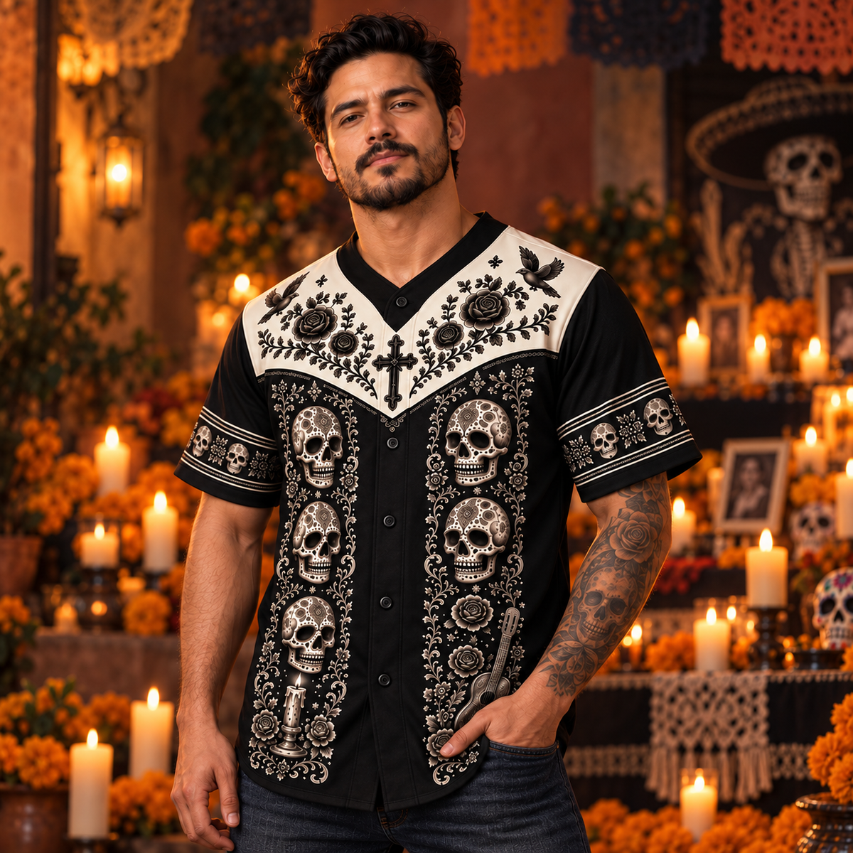 Man wearing the Dia de los Muertos mariachi jersey by candlelight at an ofrenda