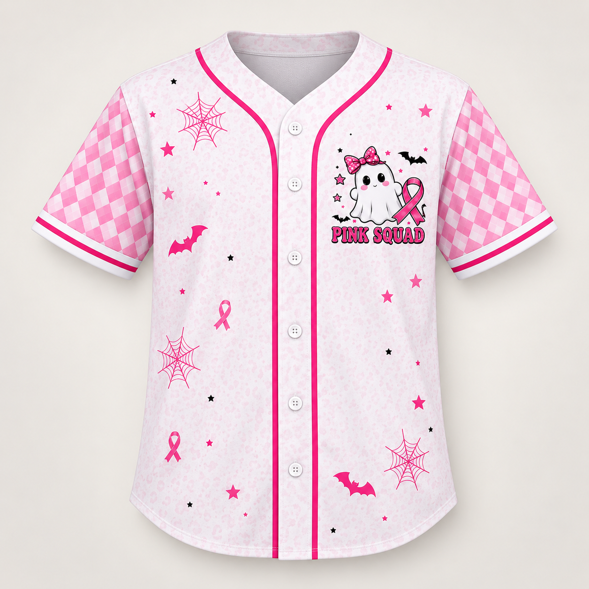 In October We Wear Pink ghost pink ribbon baseball jersey front
