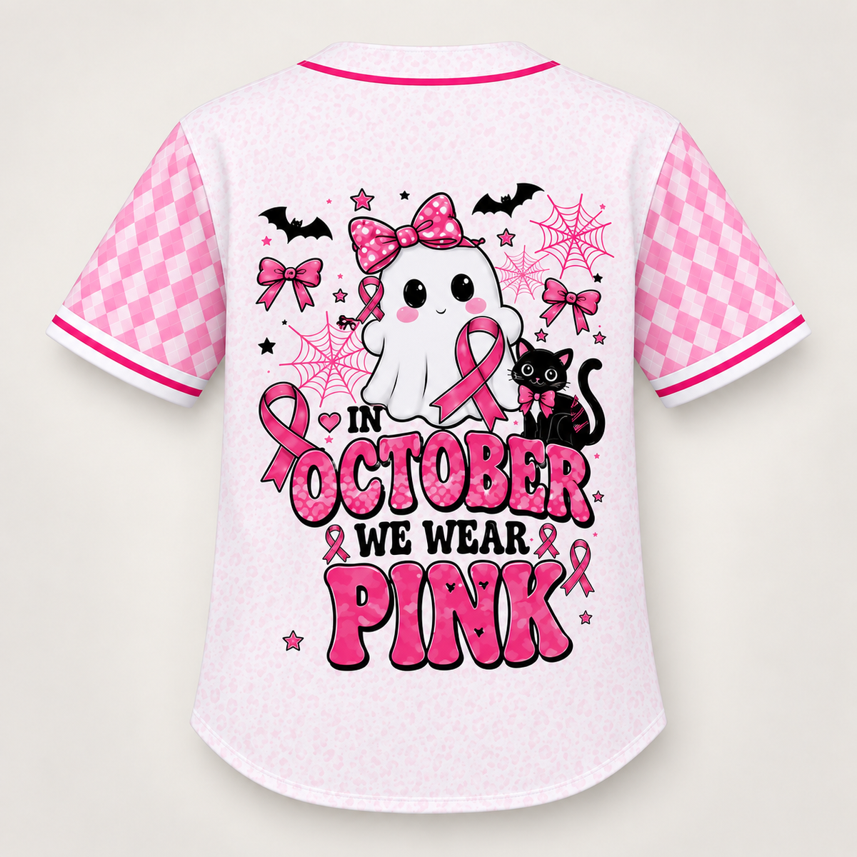 In October We Wear Pink ghost pink ribbon baseball jersey back