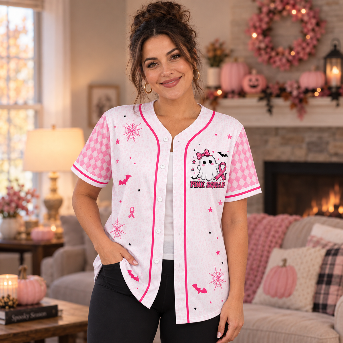 Woman wearing In October We Wear Pink baseball jersey