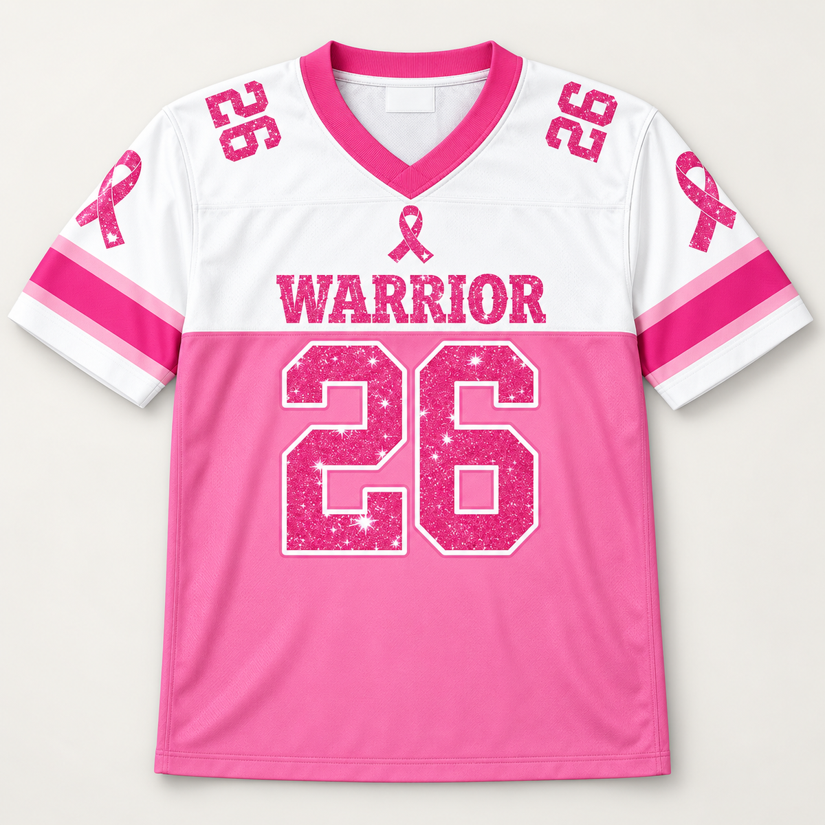 Pink Warrior 26 breast cancer awareness V-neck football jersey, front view