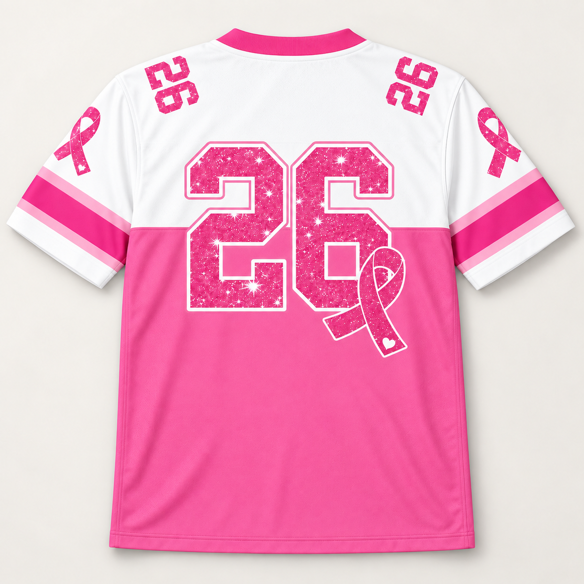 Back view with a large pink number 26 and an awareness ribbon