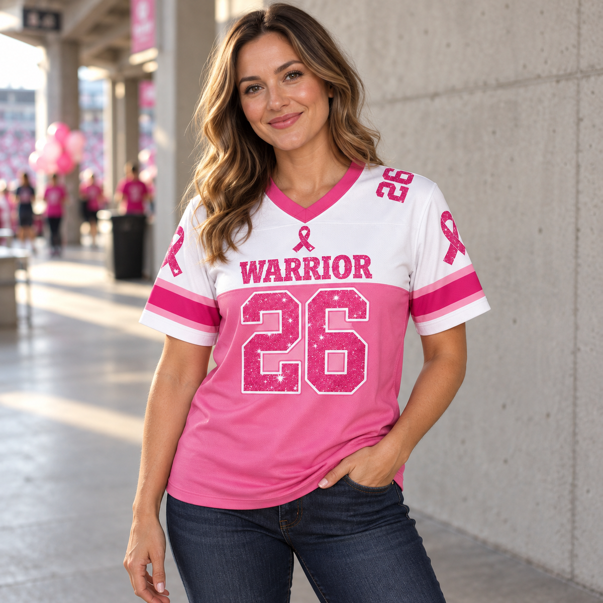 Woman wearing the pink Warrior 26 football jersey at a pink-out game