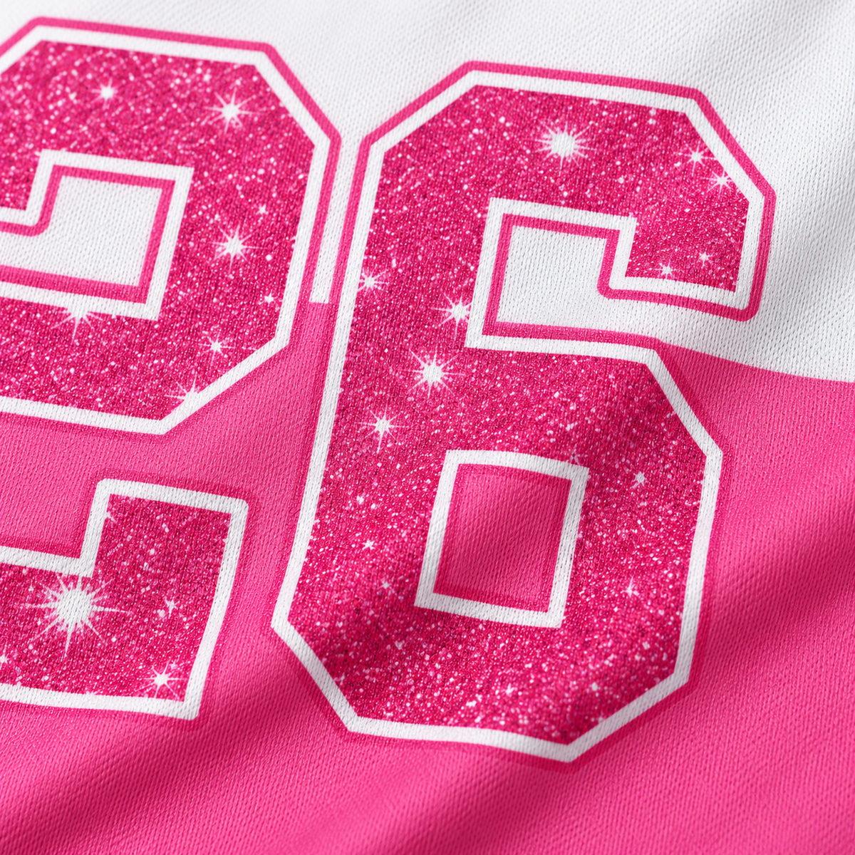 Close-up of the printed sparkle number 26 on the jersey fabric