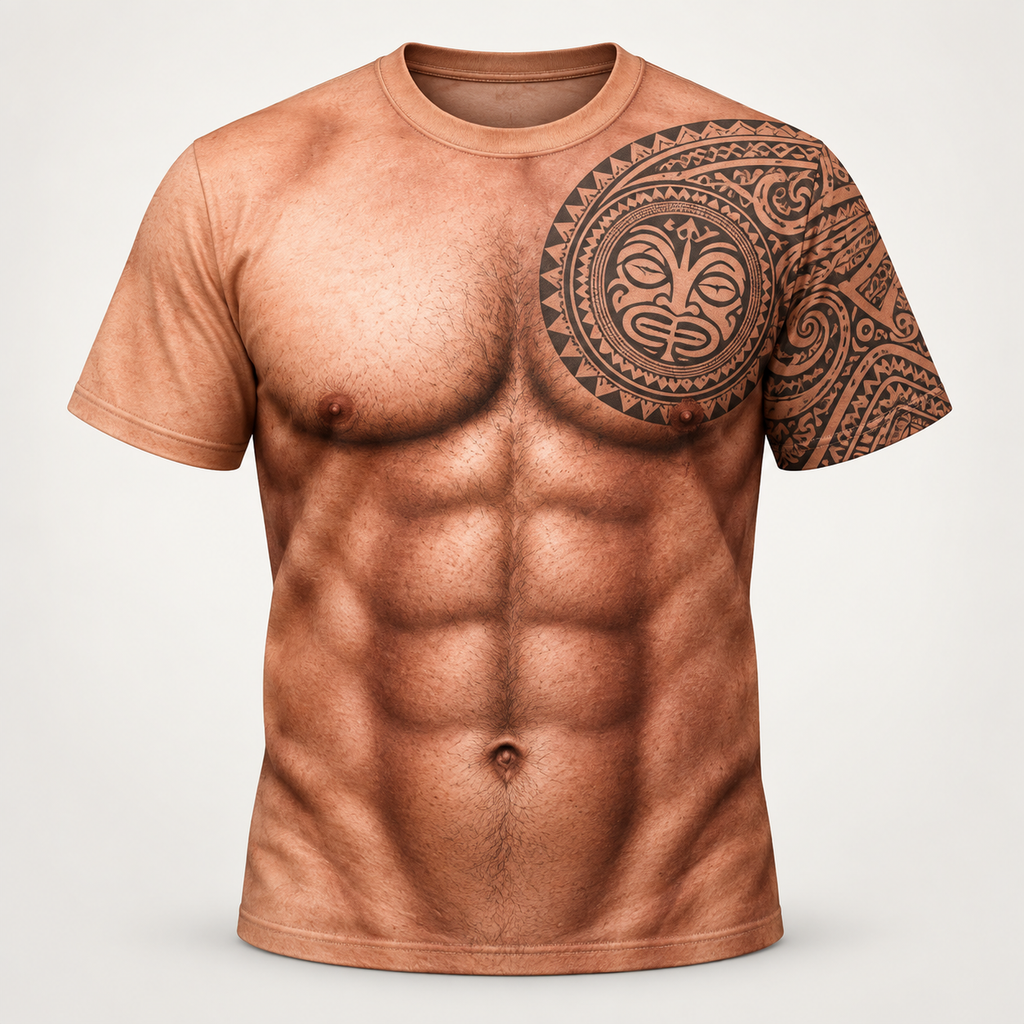 Novelty t-shirt, front view, printed muscular torso with a Polynesian tribal chest medallion