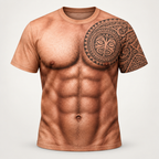 Novelty t-shirt, front view, printed muscular torso with a Polynesian tribal chest medallion