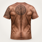 Back view with a printed muscular back and a circular tribal tattoo medallion