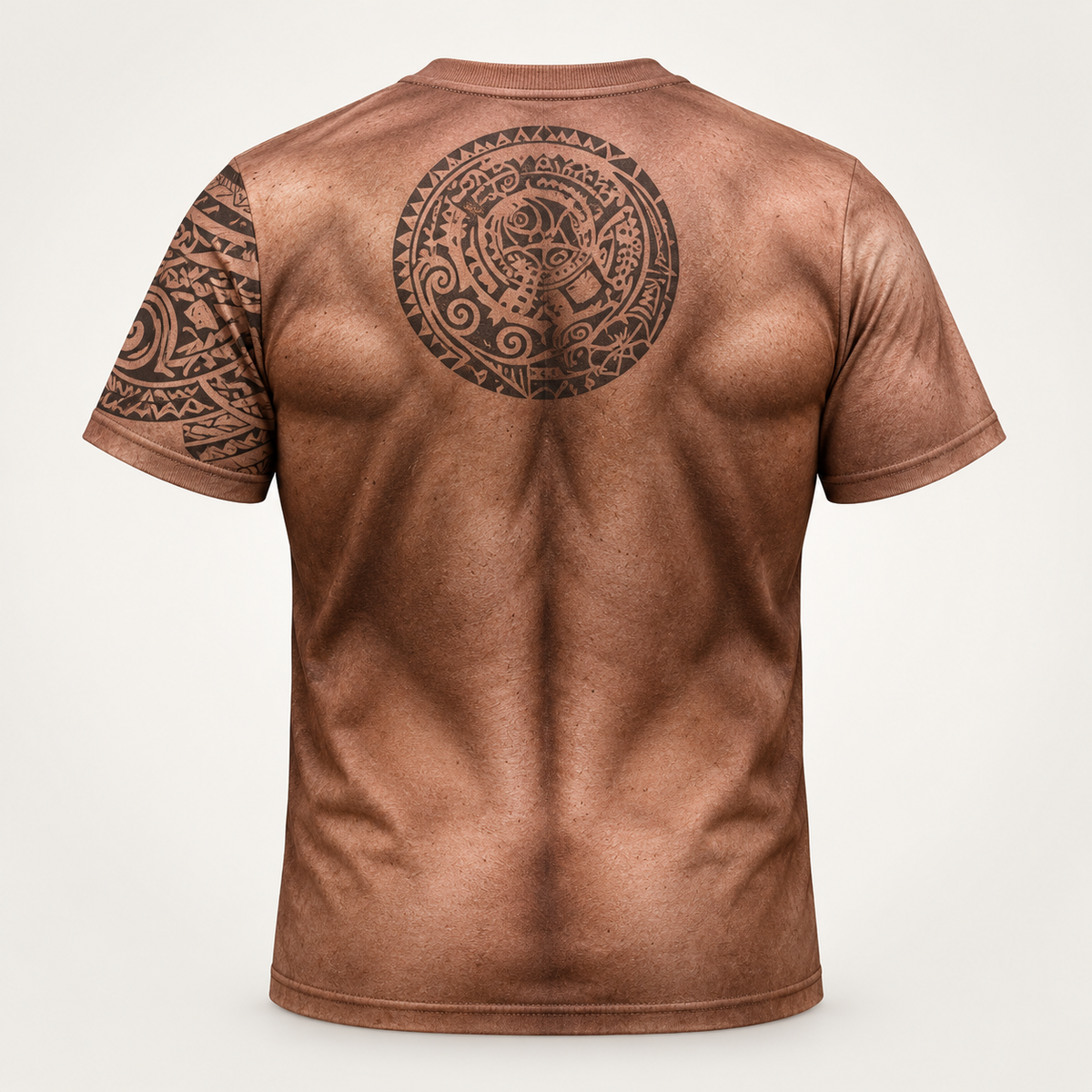 Back view with a printed muscular back and a circular tribal tattoo medallion