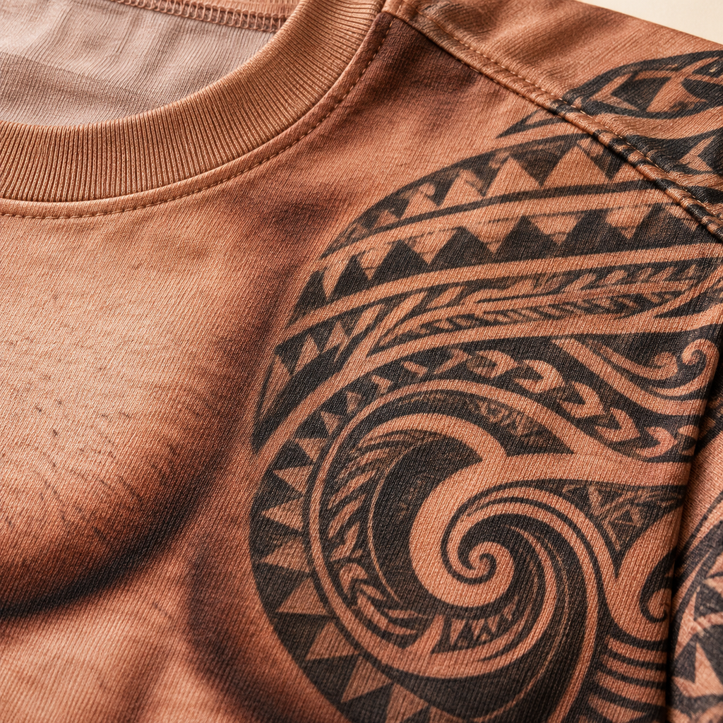 Close-up of the tribal tattoo print on the soft knit fabric