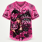 Hot pink gothic baseball jersey, front view, witch with a ribbon-wrapped pumpkin and In October We Wear Pink