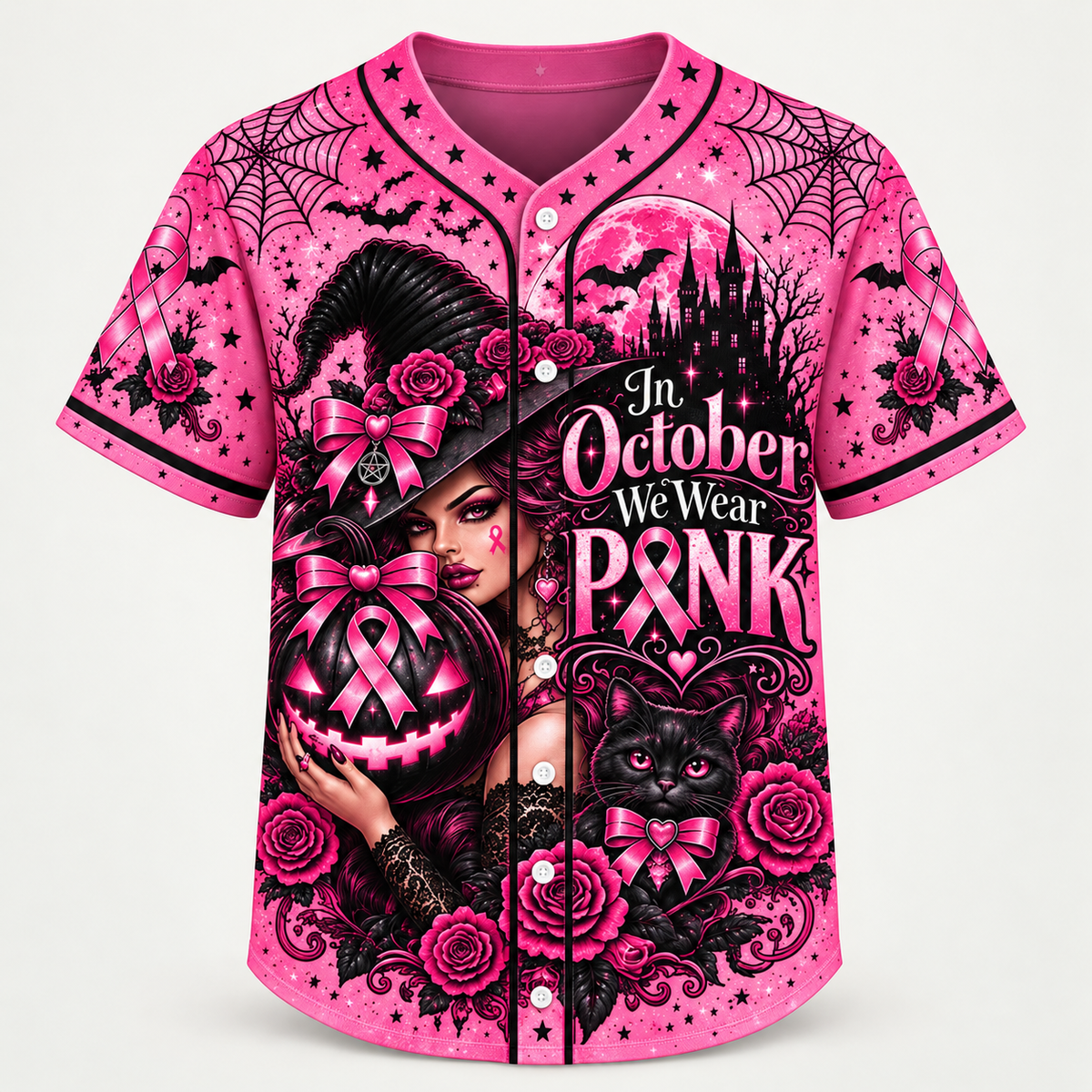 Hot pink gothic baseball jersey, front view, witch with a ribbon-wrapped pumpkin and In October We Wear Pink