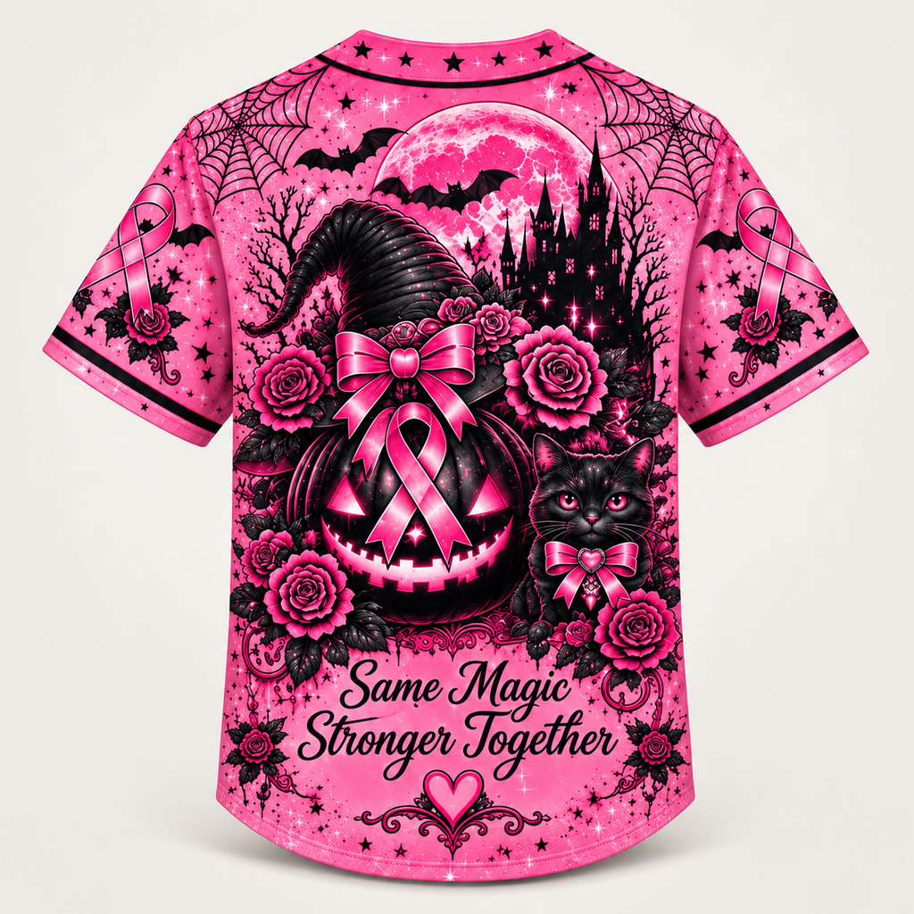 Back view with a ribbon-wrapped pumpkin, black cat and the words Same Magic Stronger Together