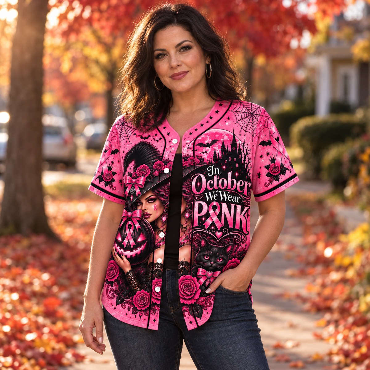 Woman wearing the hot pink gothic awareness jersey on an autumn street