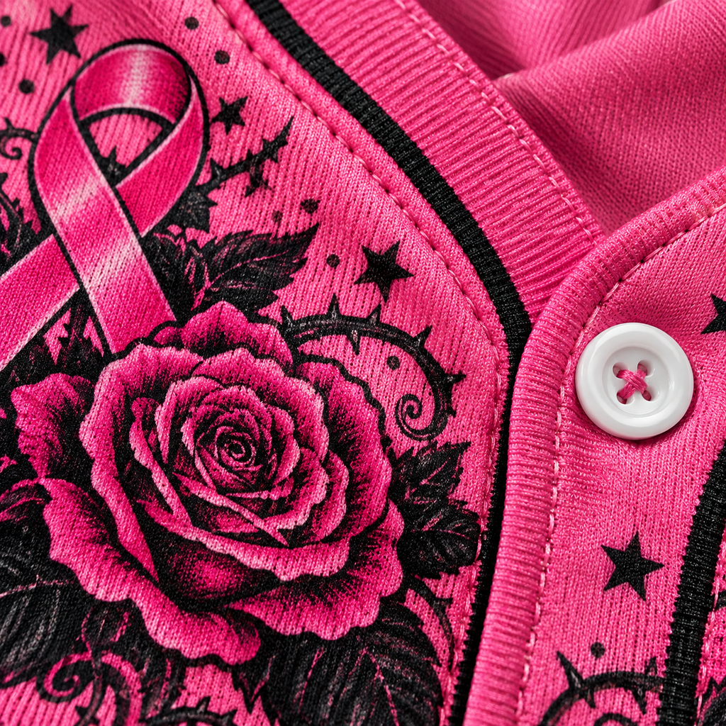 Close-up of the black rose line work on the hot pink jersey fabric