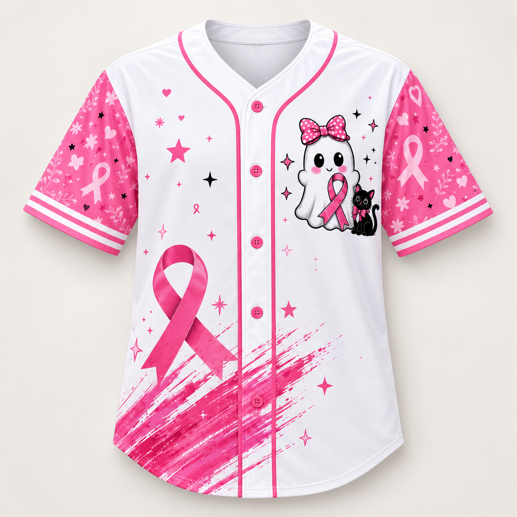 White and pink baseball jersey, front view, cartoon ghost holding a pink awareness ribbon with a black cat
