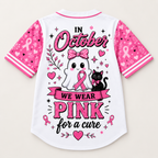 Back view reading In October We Wear Pink for a cure with a ghost, pink ribbon and black cat