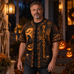 Man wearing the vintage Halloween jersey on a lantern-lit porch at night
