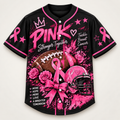 Black and pink breast cancer awareness baseball jersey, front view, PINK Stronger Together with football and helmet