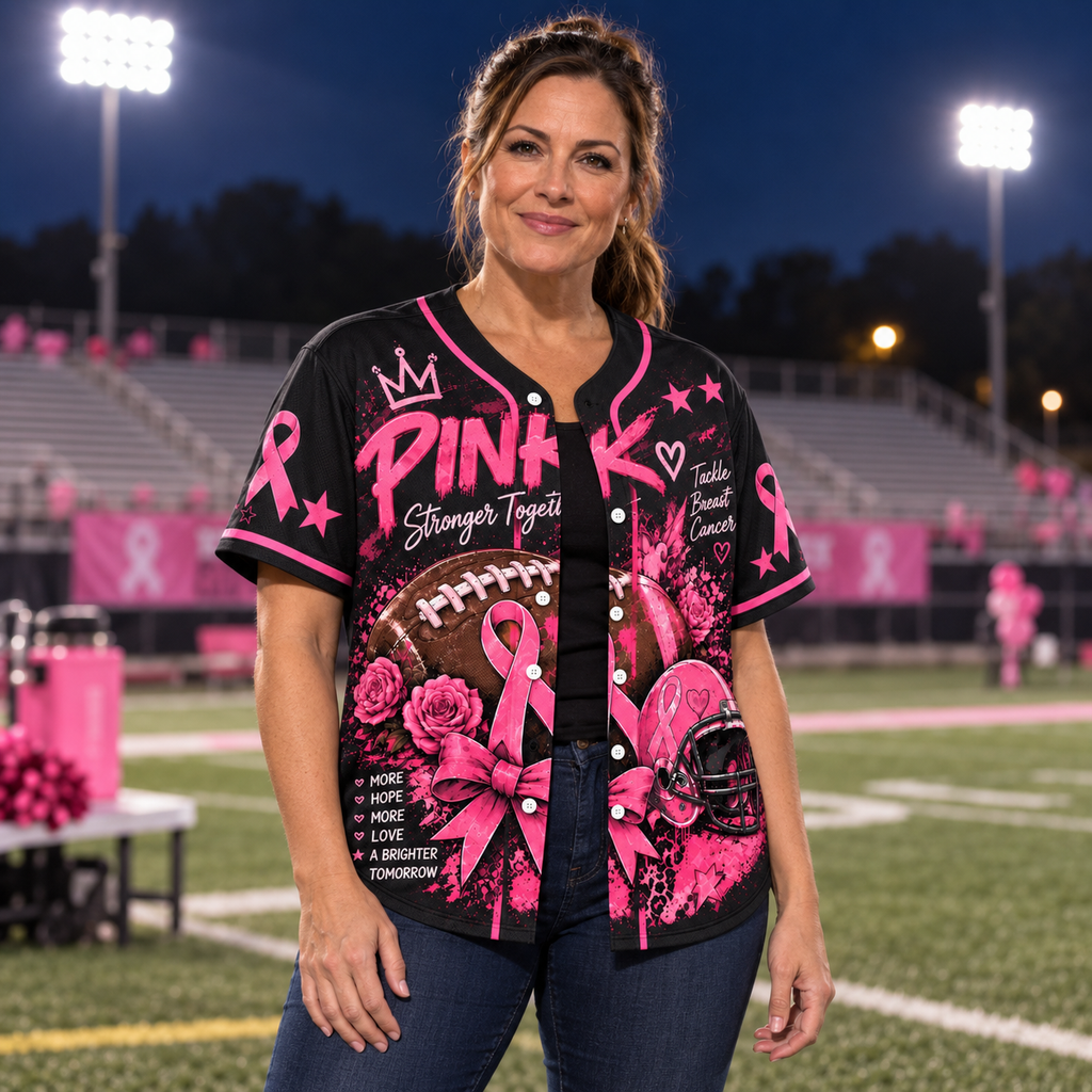 Woman wearing the pink out awareness jersey on a football sideline at night
