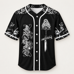 Black baseball jersey, front view, Virgin of Guadalupe engraving with rosary, cross and ornate vertical script