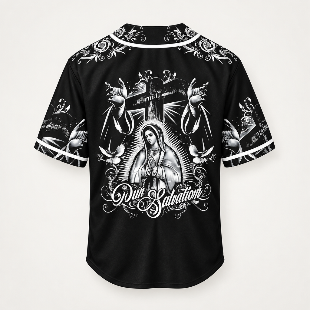 Back view with the Virgin of Guadalupe in prayer beneath a cross, doves and ornate script
