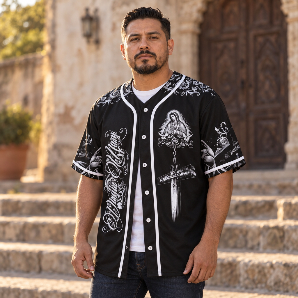 Man wearing the Virgin Mary baseball jersey on mission church steps