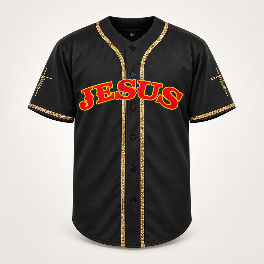 Black JESUS baseball jersey, front view, JESUS arched in red letters with a yellow outline