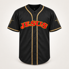 Black JESUS baseball jersey, front view, JESUS arched in red letters with a yellow outline