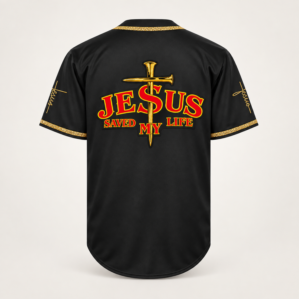 Back view of the red and yellow JESUS SAVED MY LIFE emblem with the nail cross