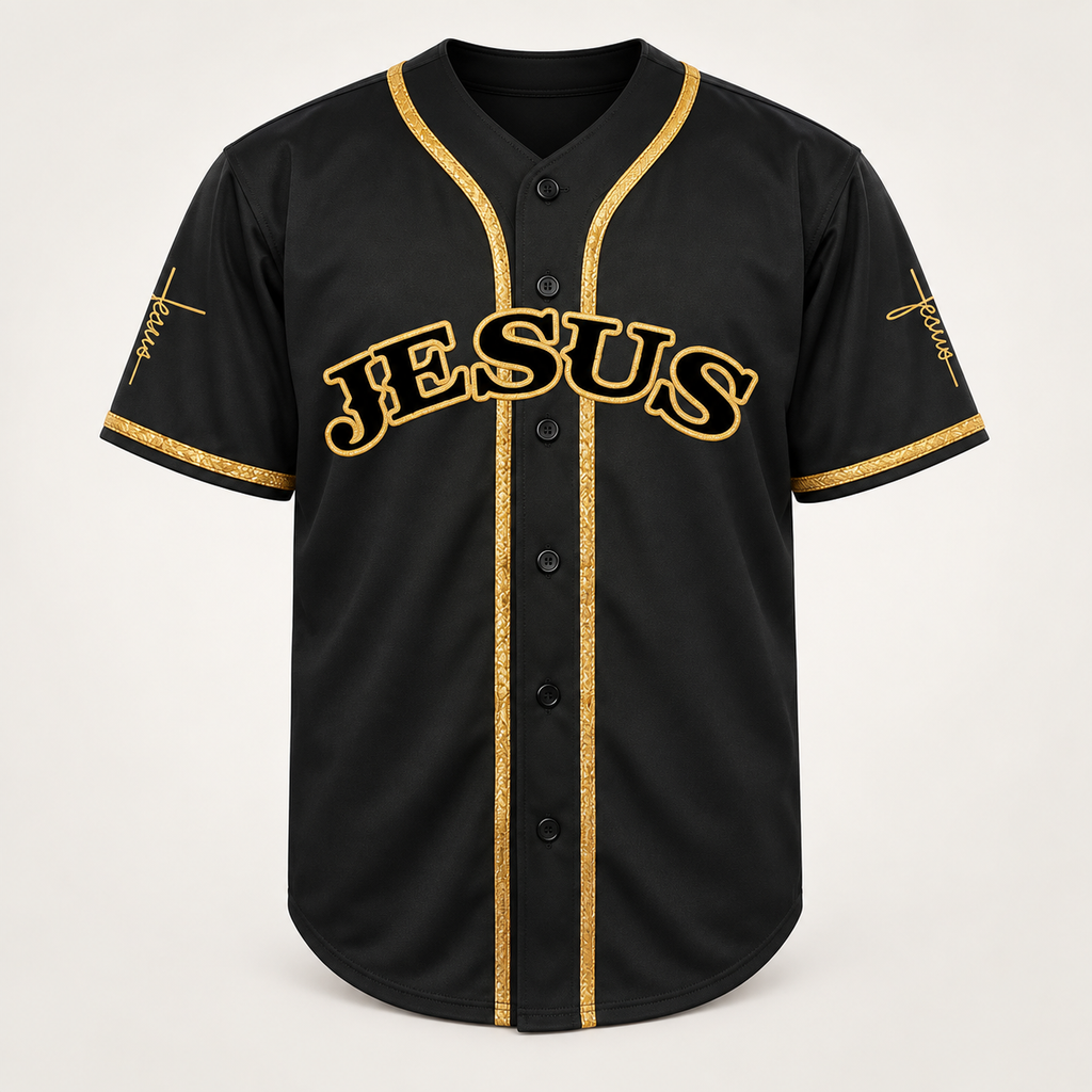 Black JESUS baseball jersey with gold braid trim, front view, JESUS arched in gold-outlined letters