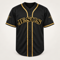 Black JESUS baseball jersey with gold braid trim, front view, JESUS arched in gold-outlined letters