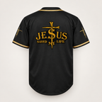 Back view with the gold JESUS SAVED MY LIFE emblem where the S is a nail forming a cross