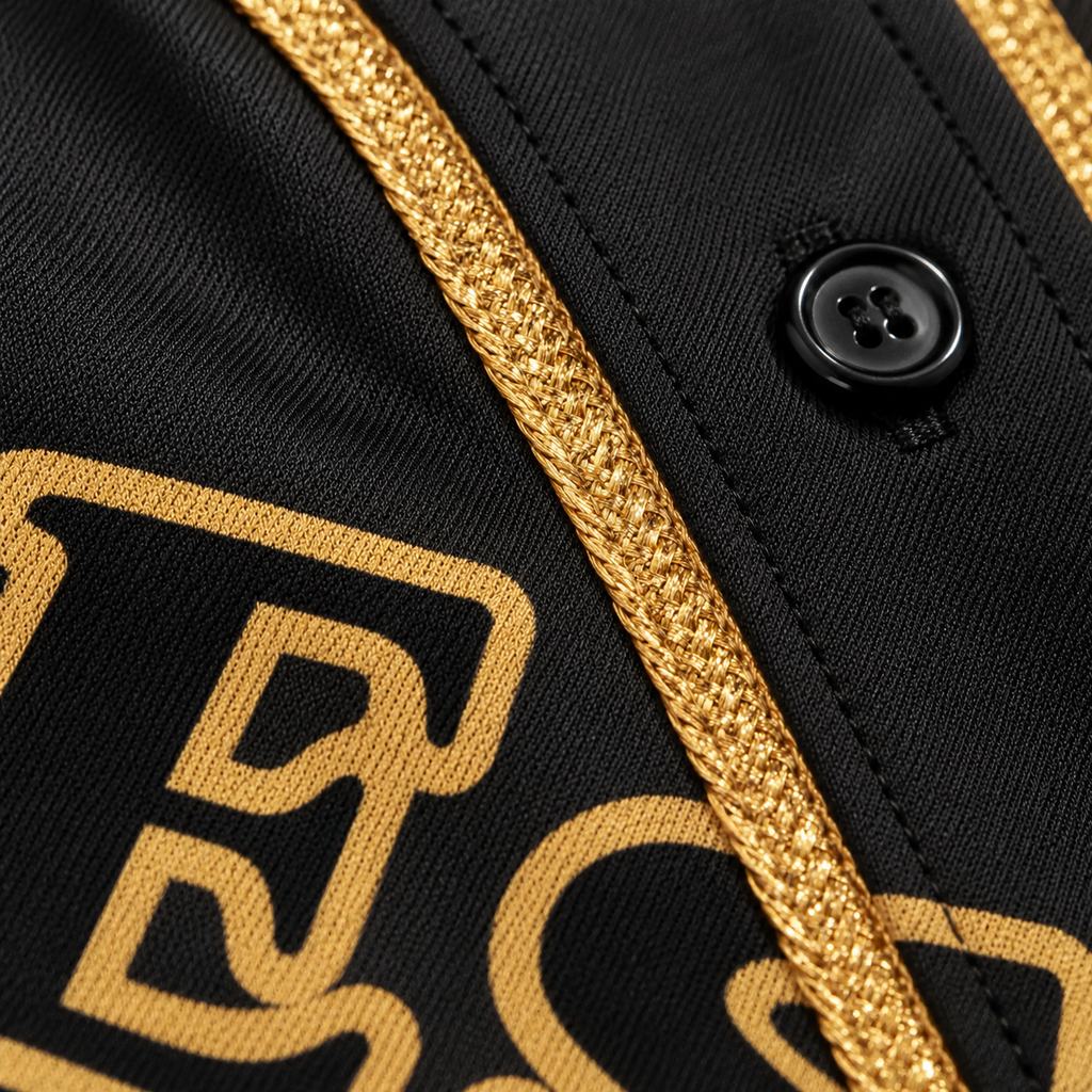 Close-up of the metallic gold braid piping and stitching on the black jersey