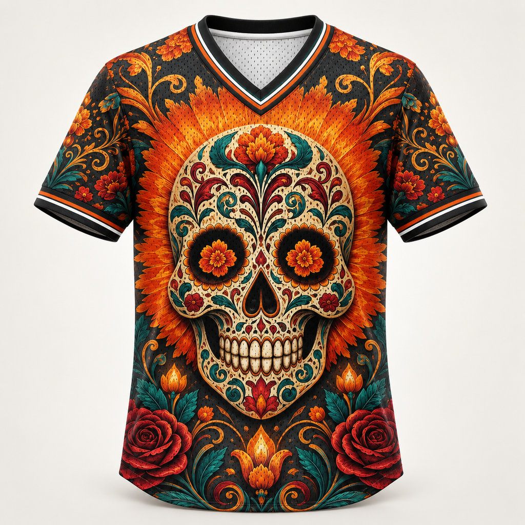 Day of the Dead V-neck mesh jersey, front view, ornate sugar skull with marigolds in its eyes against a petal burst