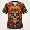 Day of the Dead V-neck mesh jersey, front view, ornate sugar skull with marigolds in its eyes against a petal burst