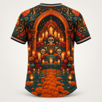 Back view with an arched doorway opening onto a candlelit ofrenda altar carpeted in marigolds