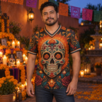 Man wearing the Day of the Dead mesh jersey in a candlelit courtyard at dusk