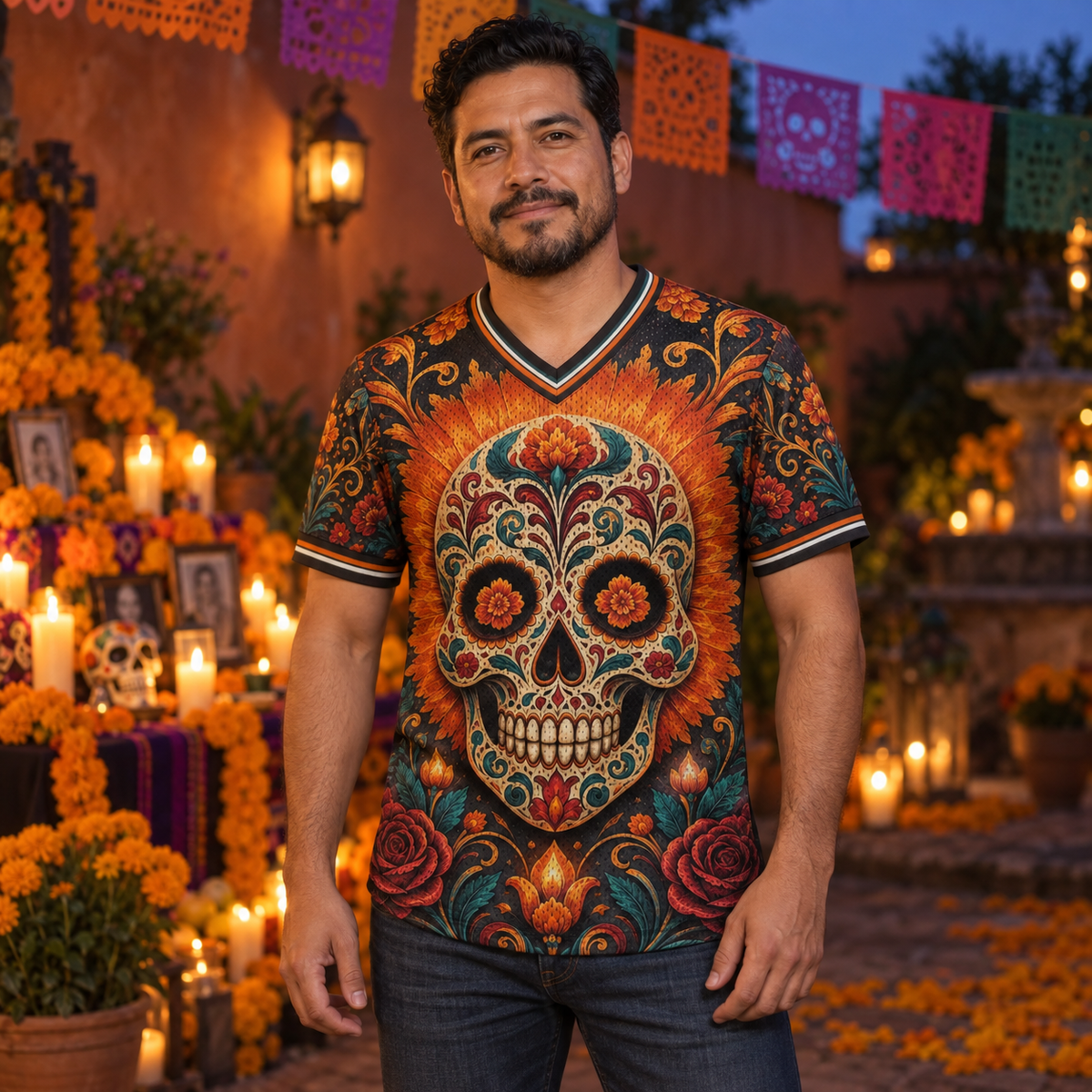 Man wearing the Day of the Dead mesh jersey in a candlelit courtyard at dusk
