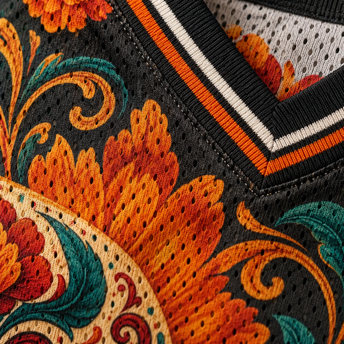 Close-up of the marigold print across the perforated mesh knit fabric